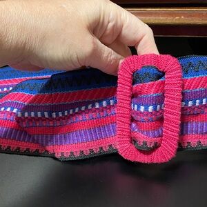 Vintage plus size 51” long x 4” wide Colorful Woven Belt with Pink Buckle